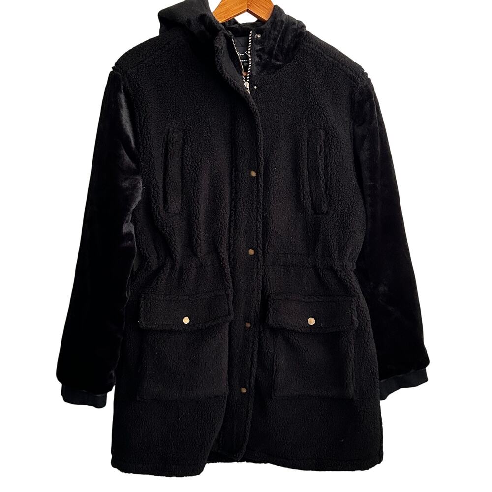 Eden Society Fleece Utility Jacket M Black High Pile Faux Fur Hood Quilted Zip